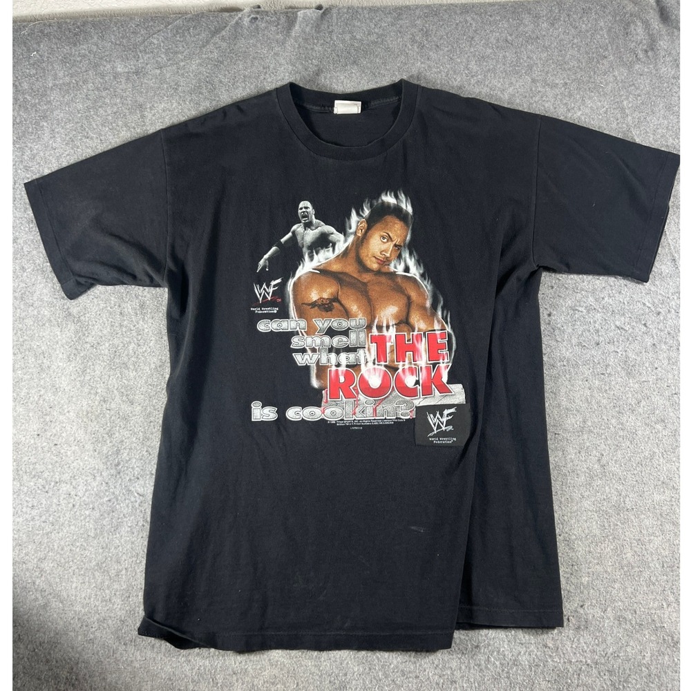 VTG 90s WWF The Rock TShirt Mens XL Black Wrestling Attitude Era Wild Oats USA